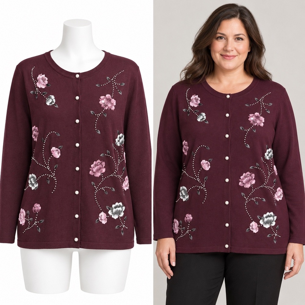 Vintage Dressbarn Cardigan Women 14/16 Burgundy Floral Embroidered Pearl Buttons